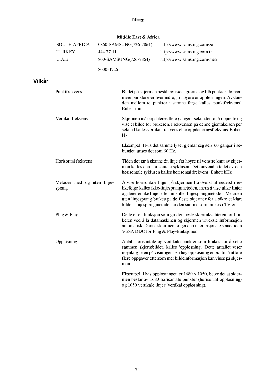 Samsung LS22MYMEBCA/EN, LS22MYMESCA/EN, LS22MYMESQ/EDC, LS20MYMEBQ/EDC, LS20MYMESQ/EDC manual Vilkår, Middle East & Africa 