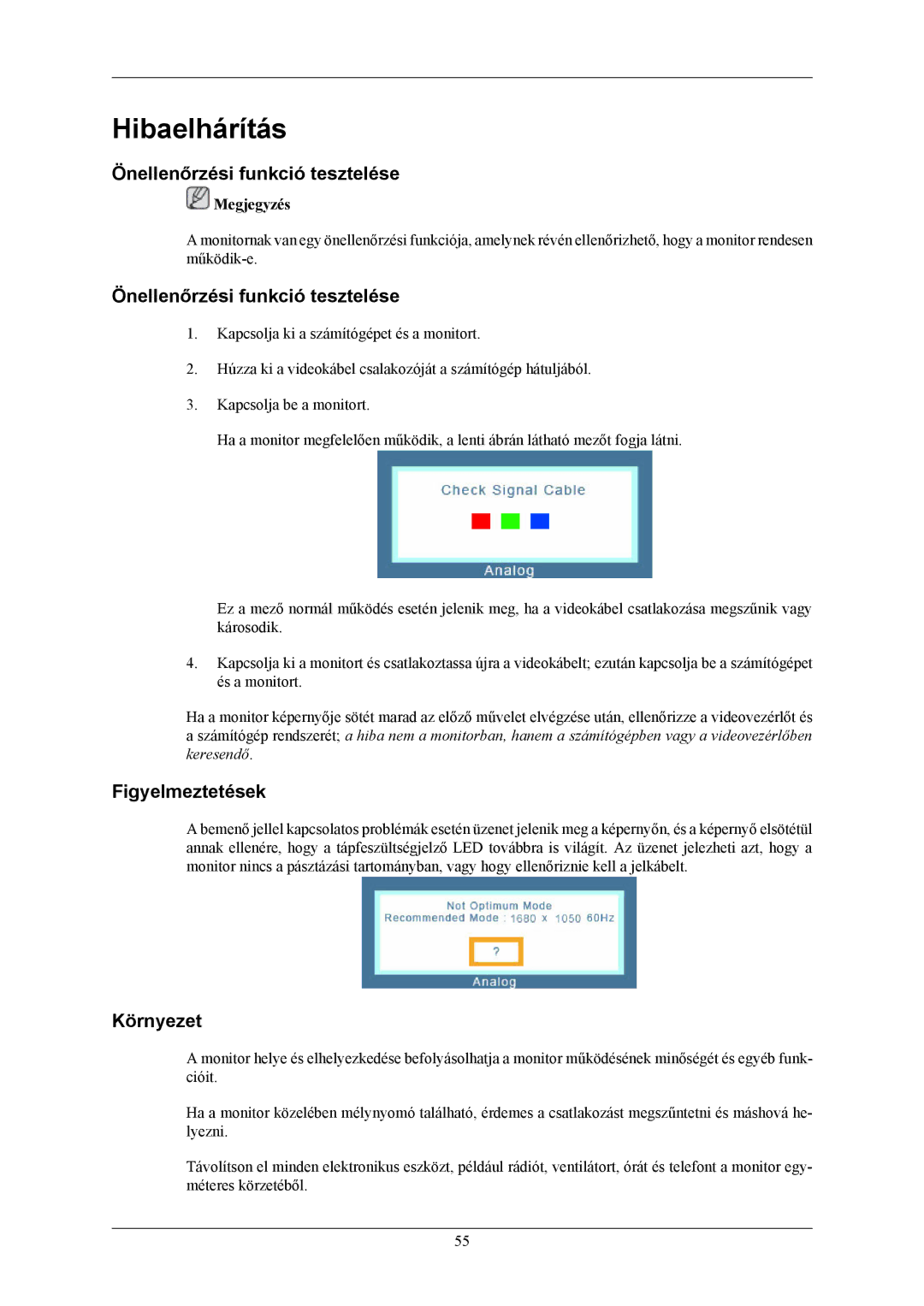 Samsung LS22MYMESQ/EDC, LS22MYMESCA/EN, LS20MYMEBQ/EDC manual Önellenőrzési funkció tesztelése, Figyelmeztetések, Környezet 