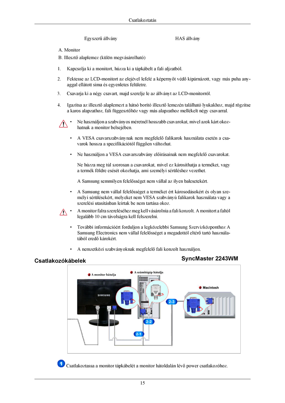 Samsung LS22MYMEBCA/EN, LS22MYMESCA/EN, LS22MYMESQ/EDC, LS20MYMEBQ/EDC, LS20MYMESQ/EDC Csatlakozókábelek SyncMaster 2243WM 