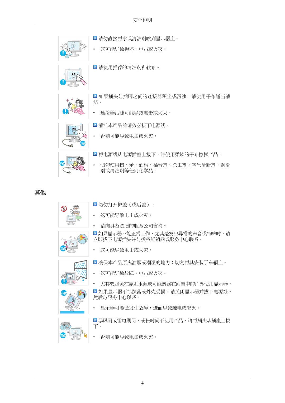 Samsung LS22MYMEBQ/EDC, LS22MYMESCA/EN, LS22MYMESQ/EDC, LS20MYMEBQ/EDC 安全说明 请勿直接将水或清洁剂喷到显示器上。 这可能导致损坏、电击或火灾。 请使用推荐的清洁剂和软布。 