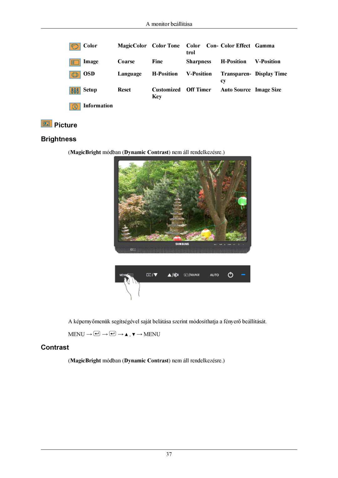 Samsung LS20MYMEBQ/EDC, LS22MYMESCA/EN, LS22MYMESQ/EDC, LS22MYMEBCA/EN, LS20MYMESQ/EDC manual Picture Brightness, Contrast 