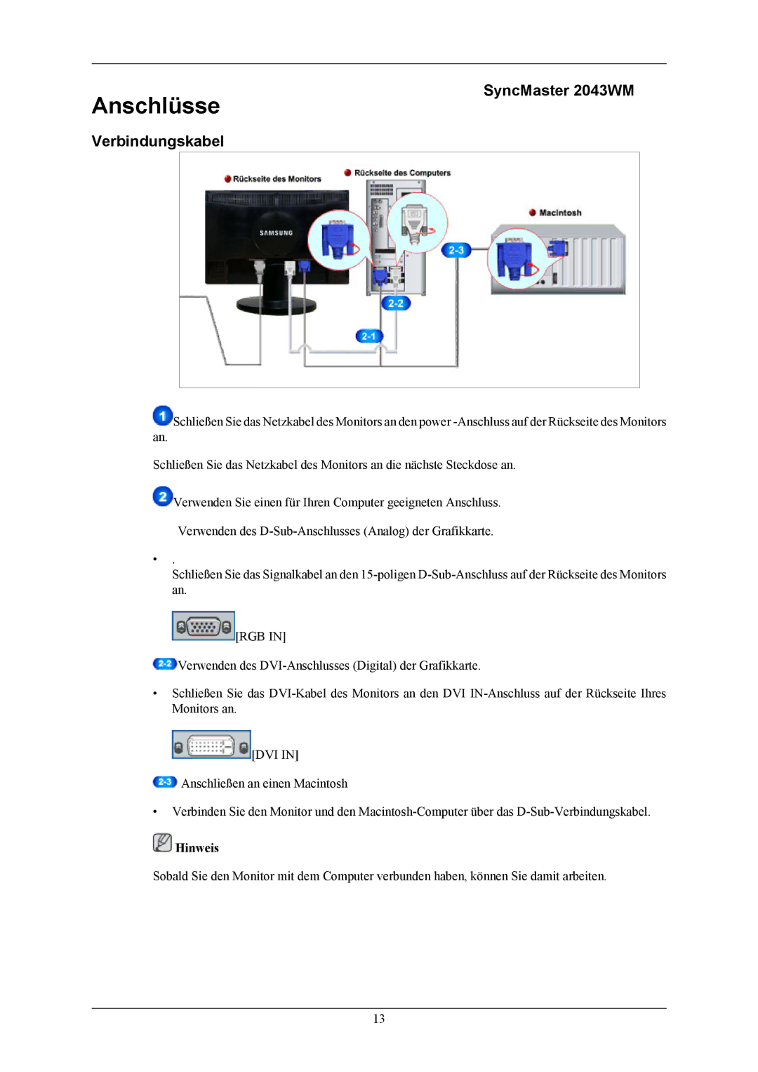 Samsung LS22MYMESCA/EN, LS22MYMKBQ/XSS, LS22MYMESQ/EDC, LS20MYMEBQ/EDC manual Anschlüsse, SyncMaster 2043WM Verbindungskabel 