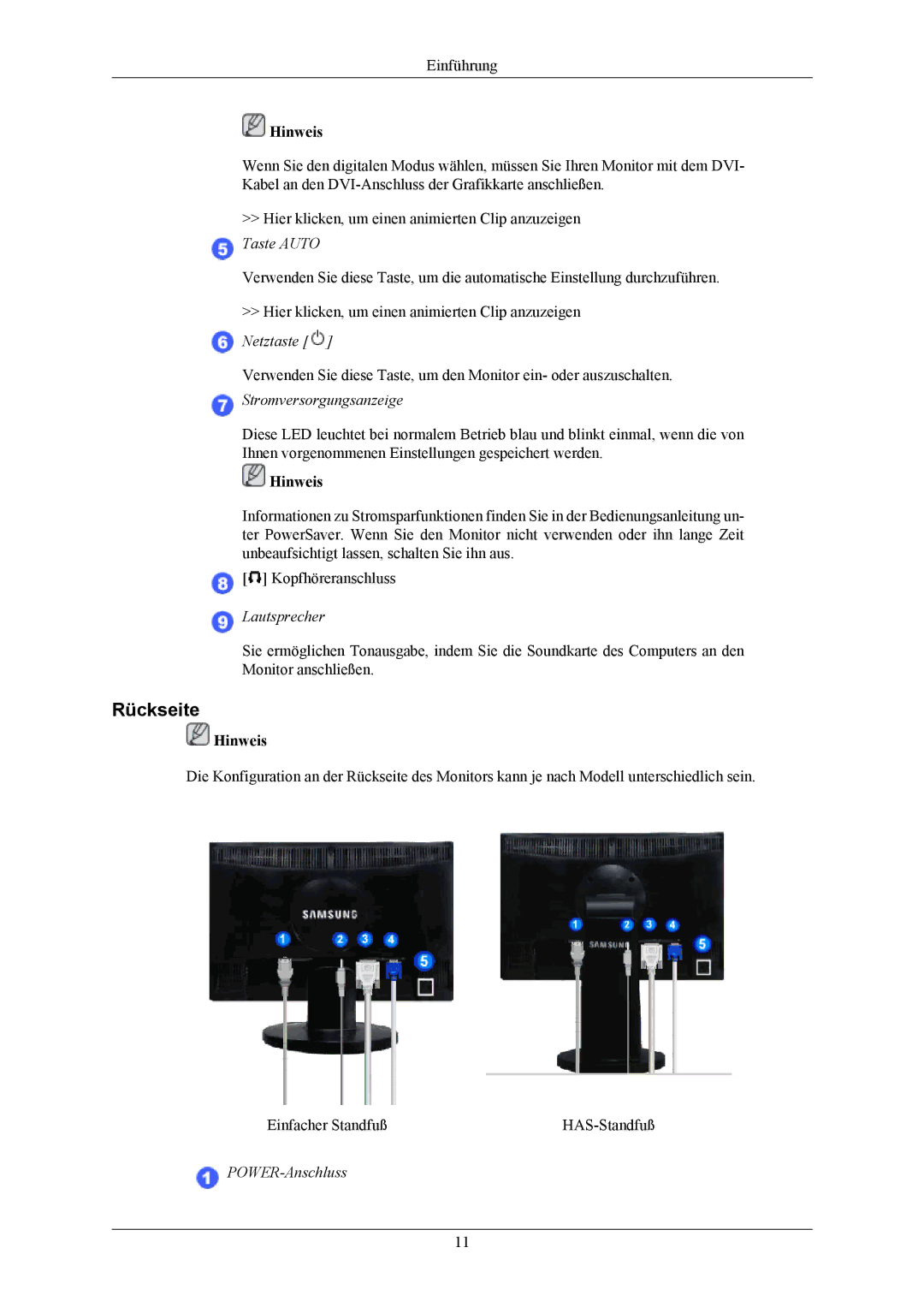 Samsung LS20MYMESQ/EDC, LS22MYMESCA/EN, LS22MYMKBQ/XSS, LS22MYMESQ/EDC, LS20MYMEBQ/EDC Rückseite, Stromversorgungsanzeige 