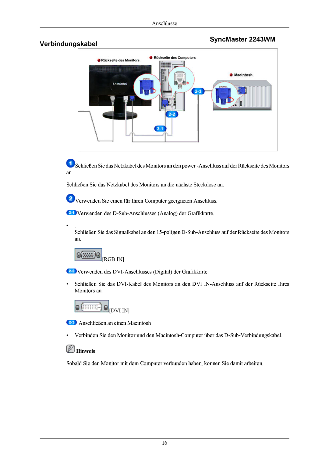 Samsung LS20MYMEBQ/EDC, LS22MYMESCA/EN, LS22MYMKBQ/XSS, LS22MYMESQ/EDC manual Verbindungskabel SyncMaster 2243WM, Hinweis 