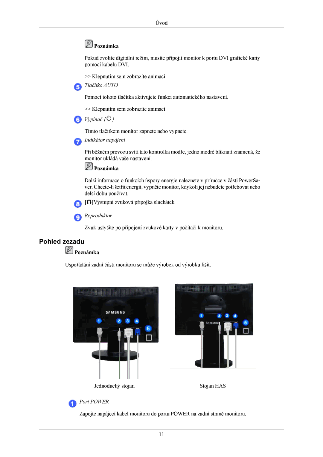 Samsung LS22MYMESQ/EDC, LS20MYMEBQ/EDC, LS20MYMESQ/EDC, LS22MYMEBQ/EDC manual Pohled zezadu, Indikátor napájení 