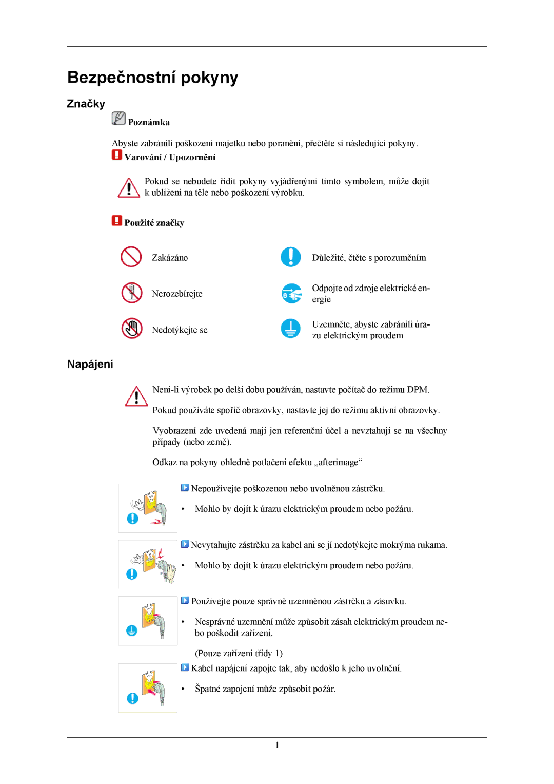 Samsung LS20MYMESQ/EDC, LS22MYMESQ/EDC, LS20MYMEBQ/EDC, LS22MYMEBQ/EDC manual Bezpečnostní pokyny, Značky, Napájení 