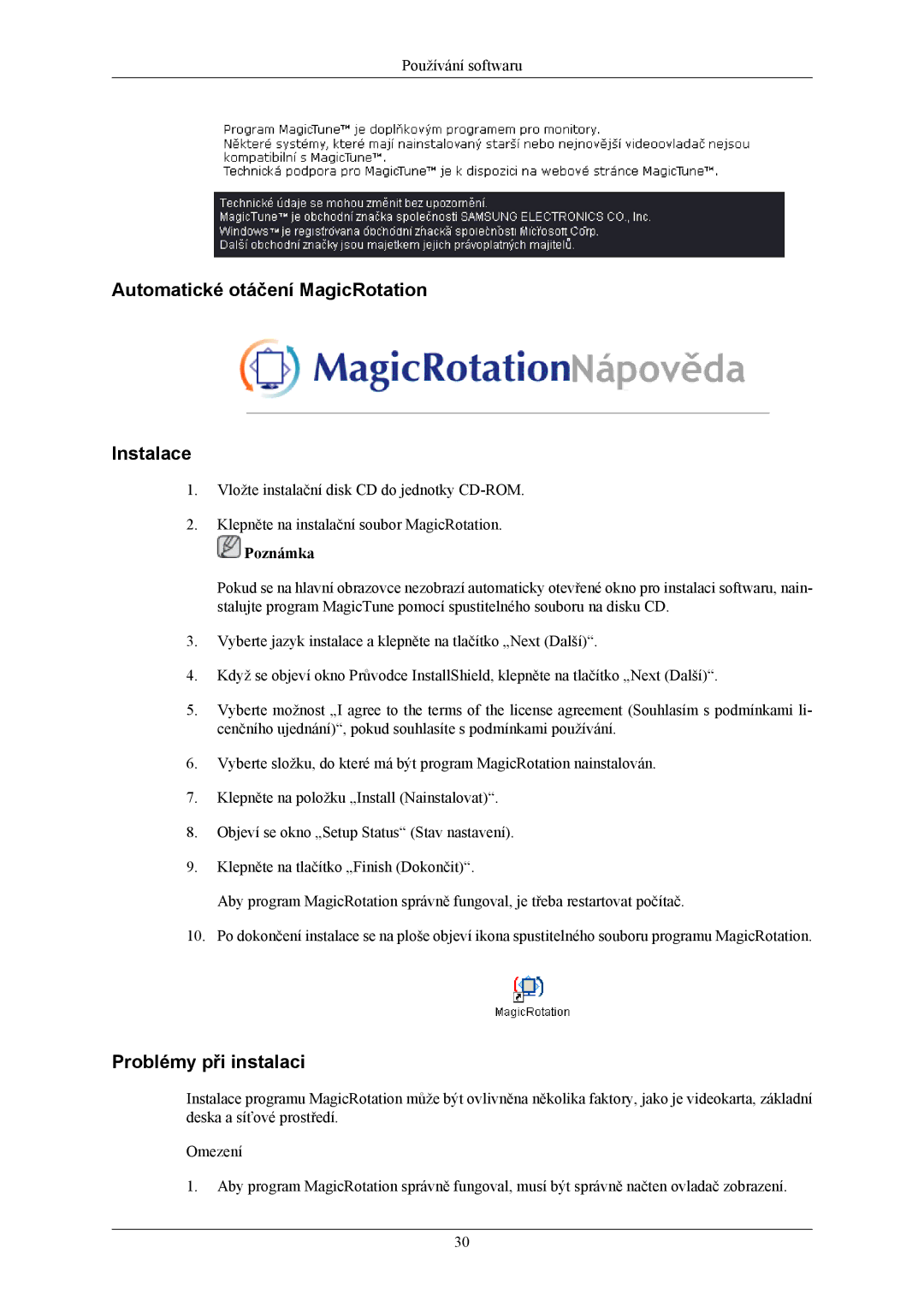 Samsung LS22MYMEBQ/EDC, LS22MYMESQ/EDC, LS20MYMEBQ/EDC, LS20MYMESQ/EDC manual Automatické otáčení MagicRotation Instalace 