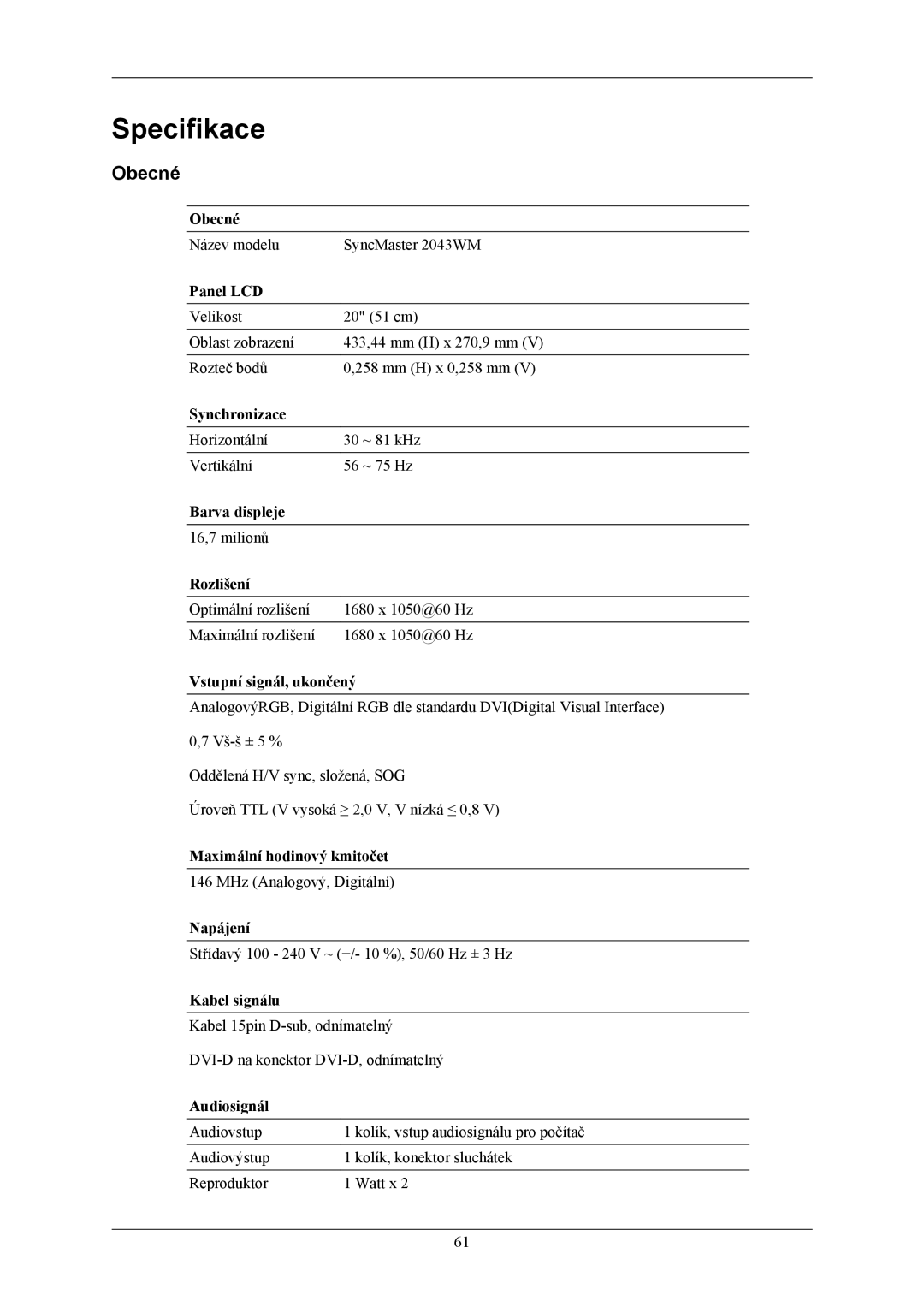 Samsung LS20MYMESQ/EDC, LS22MYMESQ/EDC, LS20MYMEBQ/EDC, LS22MYMEBQ/EDC manual Specifikace, Obecné 