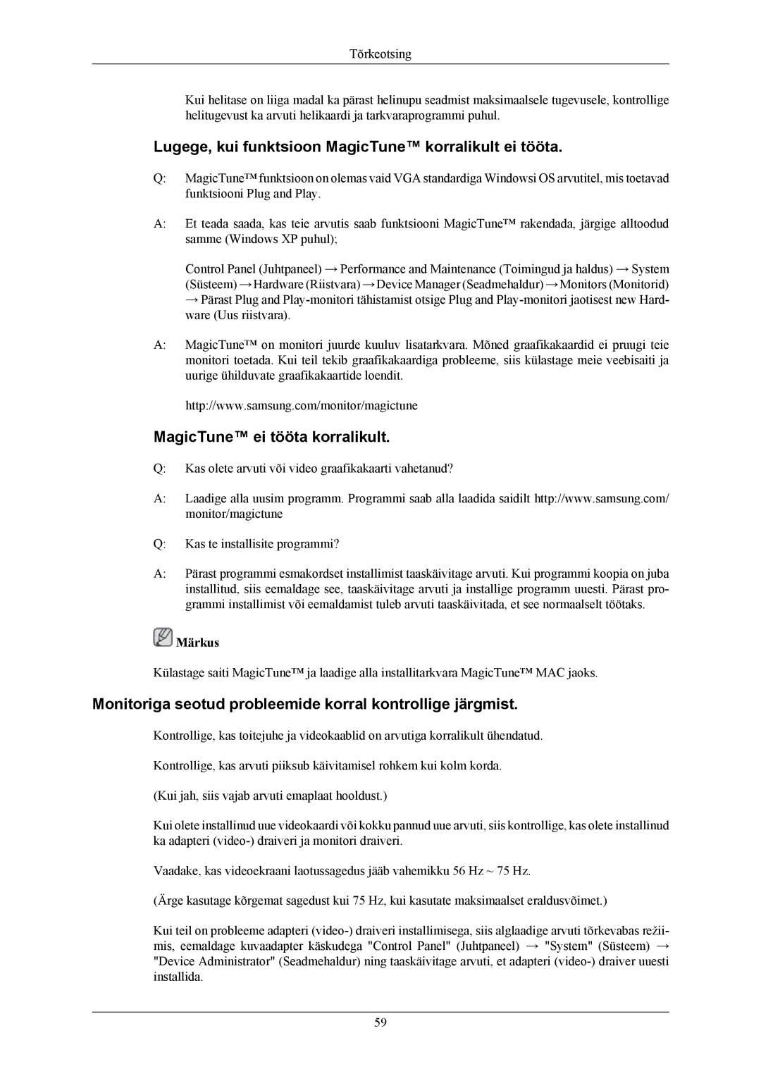 Samsung LS20MYMEBQ/EDC manual Lugege, kui funktsioon MagicTune korralikult ei tööta, MagicTune ei tööta korralikult 