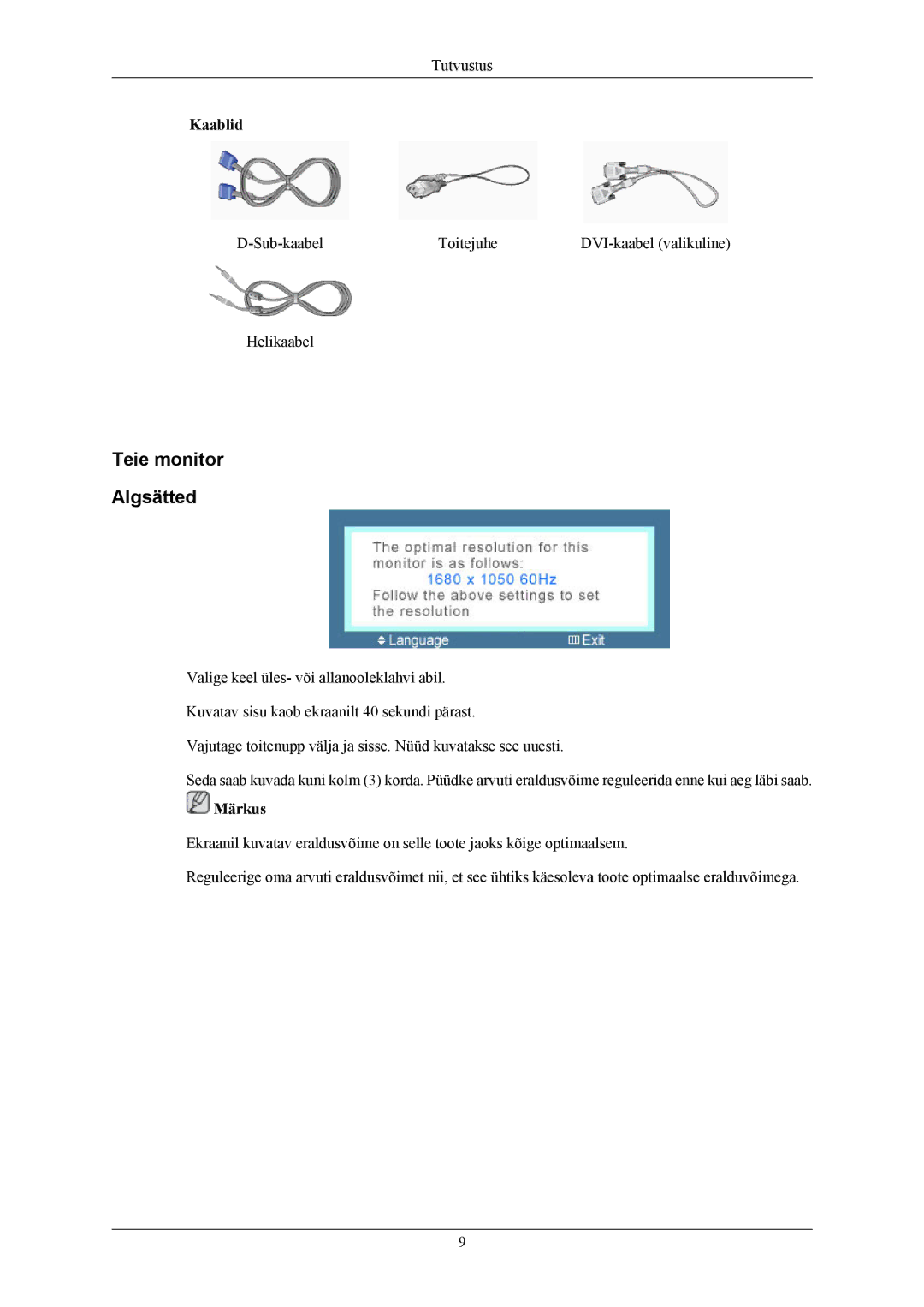 Samsung LS22MYMEBQ/EDC, LS22MYMESQ/EDC, LS20MYMEBQ/EDC, LS20MYMESQ/EDC manual Teie monitor Algsätted 