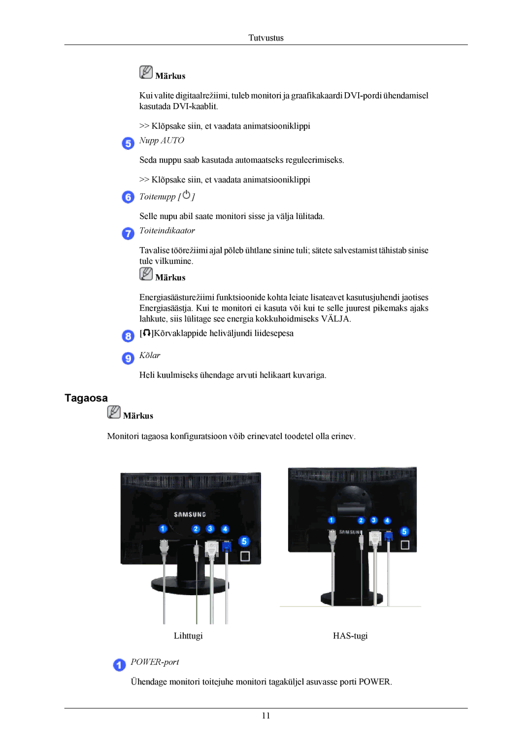 Samsung LS20MYMEBQ/EDC, LS22MYMESQ/EDC, LS20MYMESQ/EDC, LS22MYMEBQ/EDC manual Tagaosa, Toiteindikaator 