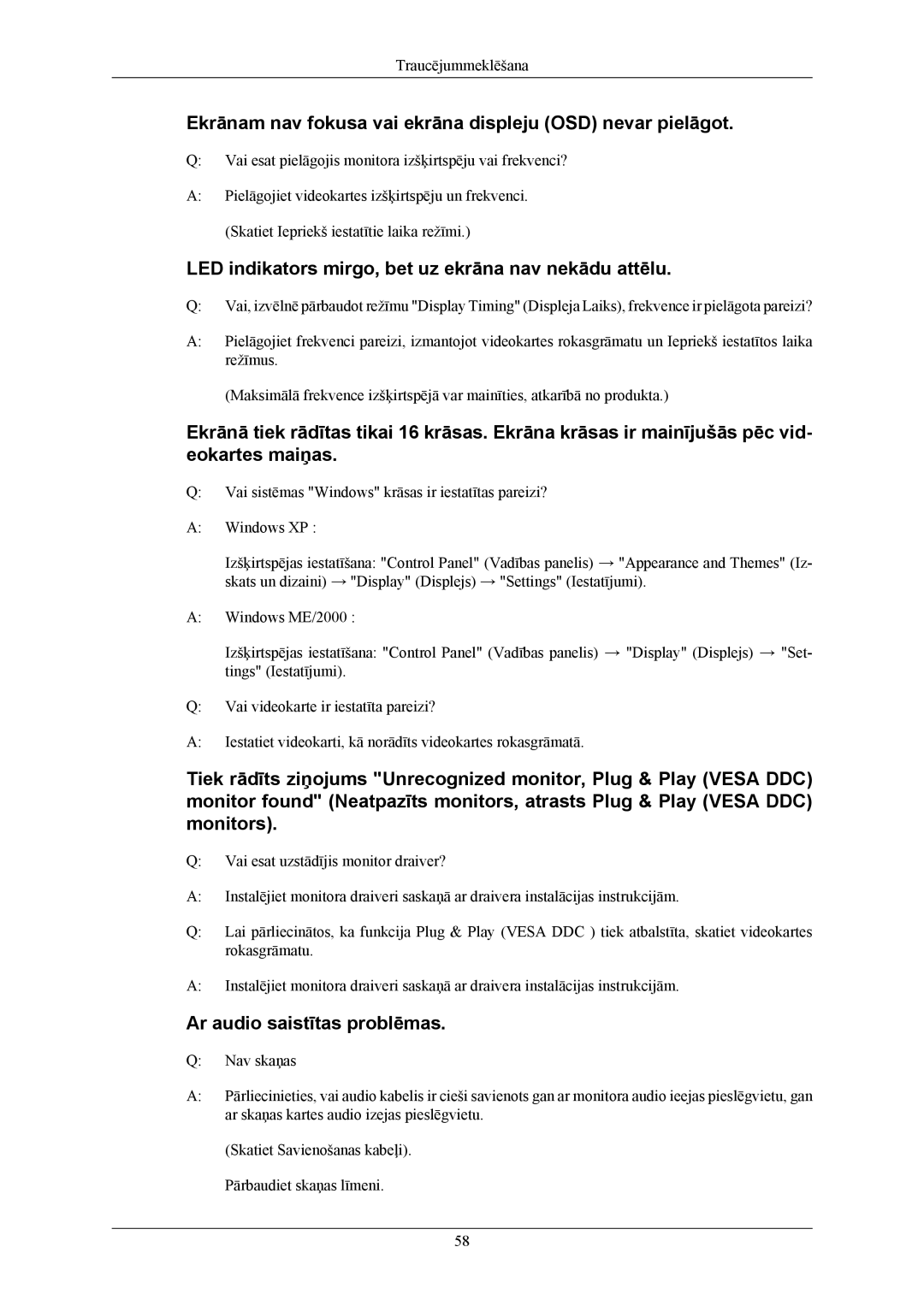 Samsung LS22MYMESQ/EDC manual Ekrānam nav fokusa vai ekrāna displeju OSD nevar pielāgot, Ar audio saistītas problēmas 