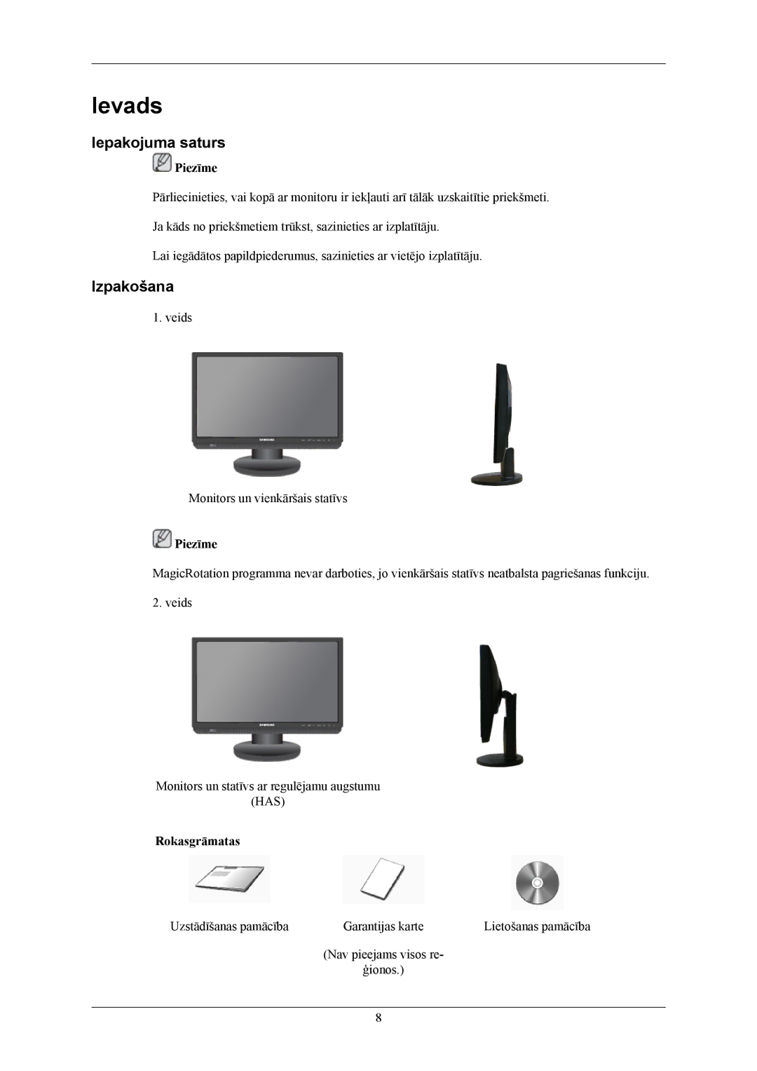 Samsung LS20MYMESQ/EDC, LS22MYMESQ/EDC, LS20MYMEBQ/EDC, LS22MYMEBQ/EDC manual Iepakojuma saturs, Izpakošana 