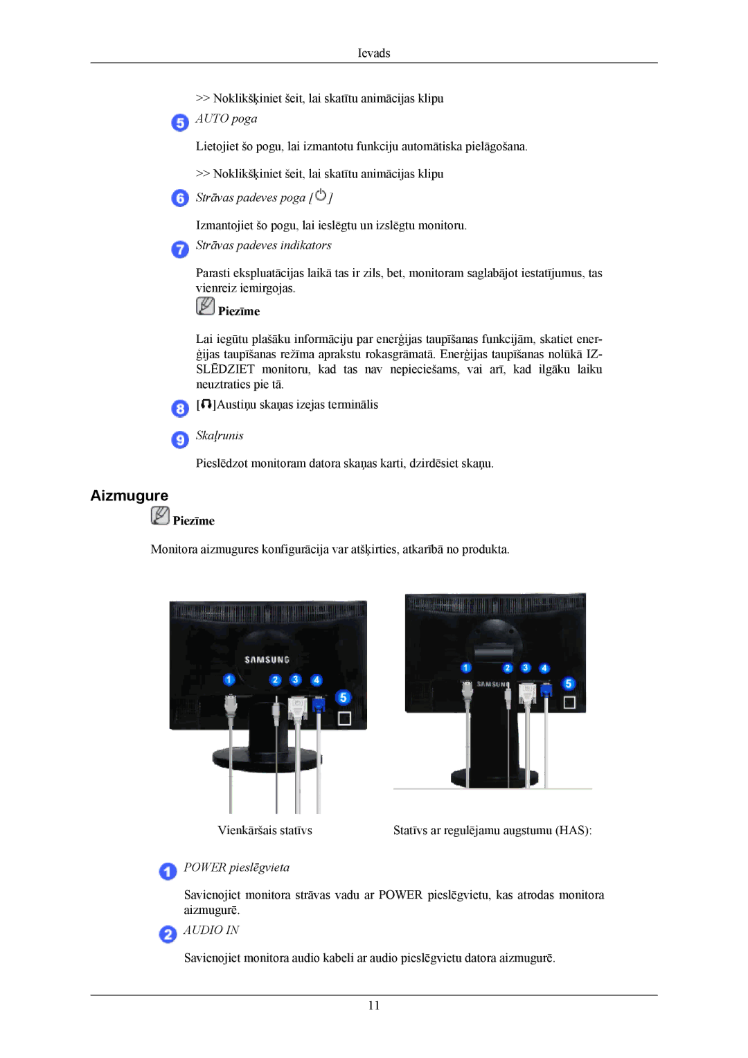 Samsung LS20MYMEBQ/EDC, LS22MYMESQ/EDC, LS20MYMESQ/EDC, LS22MYMEBQ/EDC manual Aizmugure, Strāvas padeves indikators 