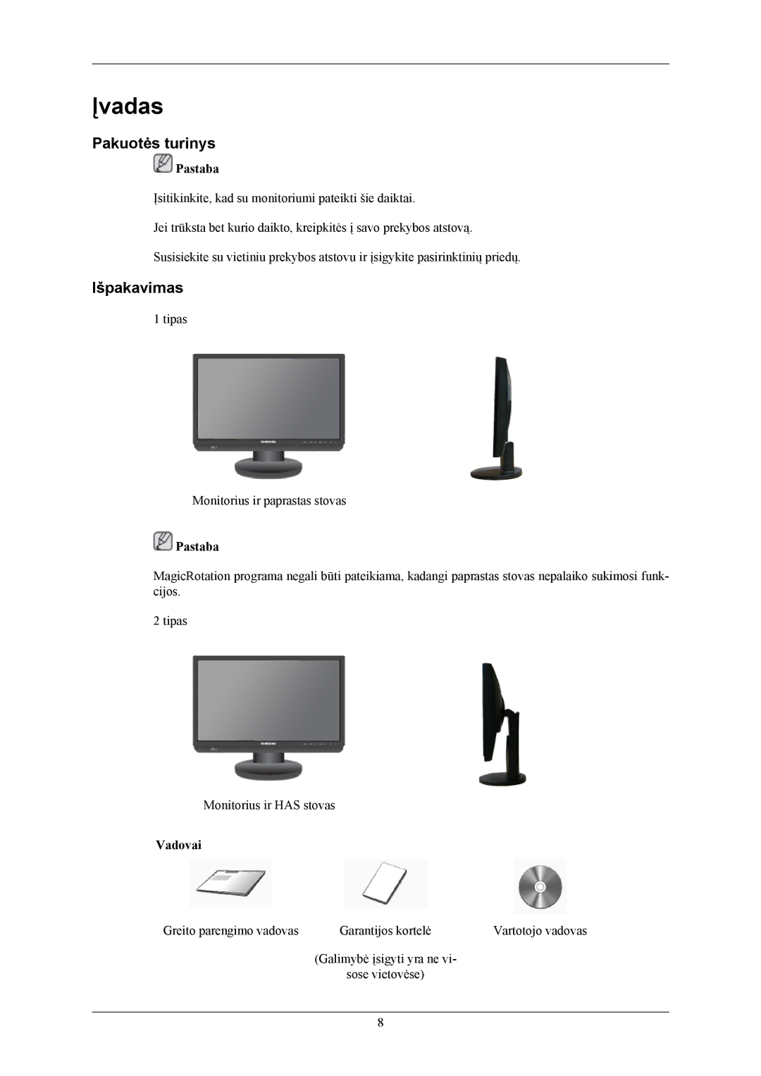 Samsung LS20MYMESQ/EDC, LS22MYMESQ/EDC, LS20MYMEBQ/EDC, LS22MYMEBQ/EDC manual Pakuotės turinys, Išpakavimas 