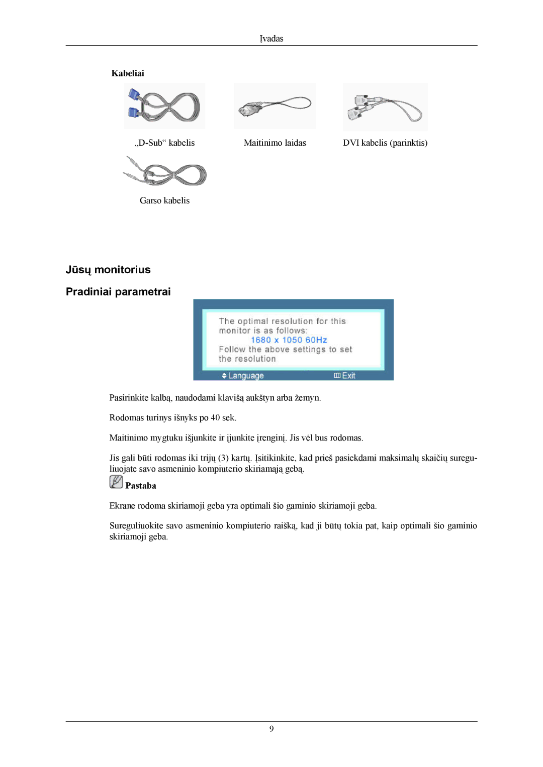 Samsung LS22MYMEBQ/EDC, LS22MYMESQ/EDC, LS20MYMEBQ/EDC, LS20MYMESQ/EDC manual Jūsų monitorius Pradiniai parametrai 