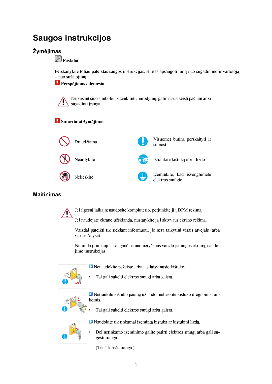 Samsung LS20MYMESQ/EDC, LS22MYMESQ/EDC, LS20MYMEBQ/EDC, LS22MYMEBQ/EDC manual Saugos instrukcijos, Žymėjimas, Maitinimas 