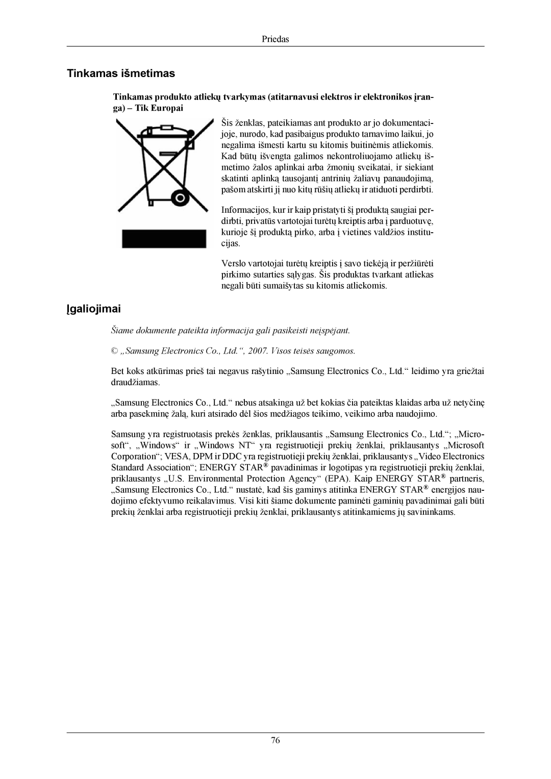 Samsung LS20MYMEBQ/EDC, LS22MYMESQ/EDC, LS20MYMESQ/EDC, LS22MYMEBQ/EDC manual Tinkamas išmetimas, Įgaliojimai 