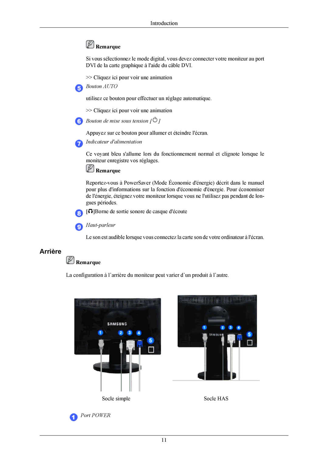 Samsung LS22MYMESQ/EDC, LS20MYMEBQ/EDC, LS22MYMEBCA/EN, LS20MYMESQ/EDC, LS22MYMEBQ/EDC manual Arrière, Indicateur dalimentation 