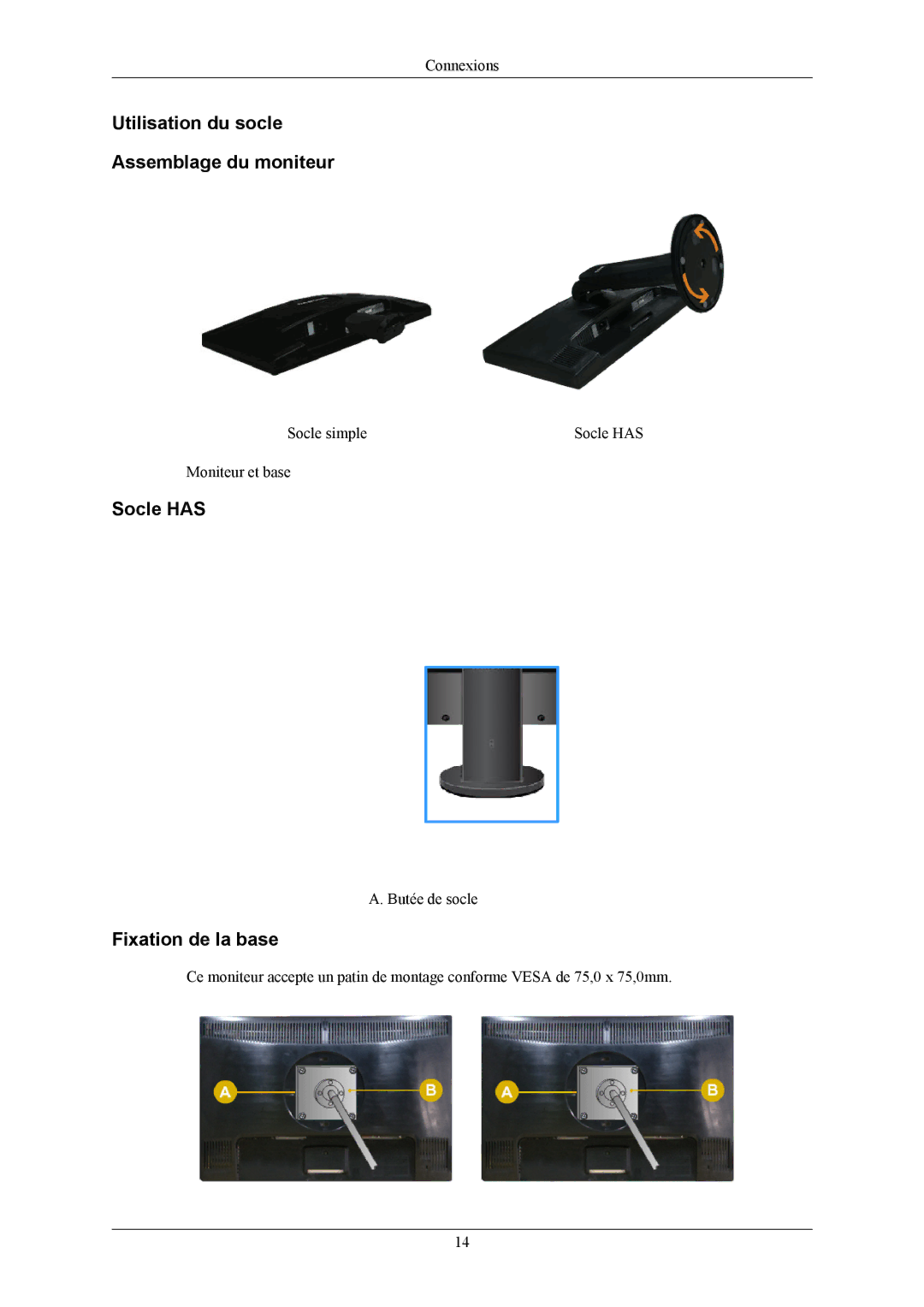 Samsung LS20MYMESQ/EDC, LS22MYMESQ/EDC manual Utilisation du socle Assemblage du moniteur, Socle has, Fixation de la base 