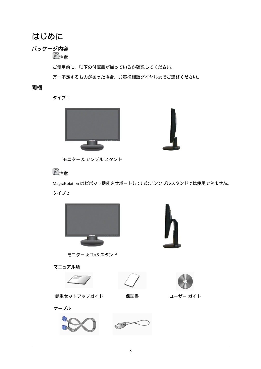 Samsung LS22MYNKBB/XSJ, LS22MYNKB/XSJ, LS22MYNKN/XSJ, LS22MYNKNB/XSJ manual はじめに, パッケージ内容 