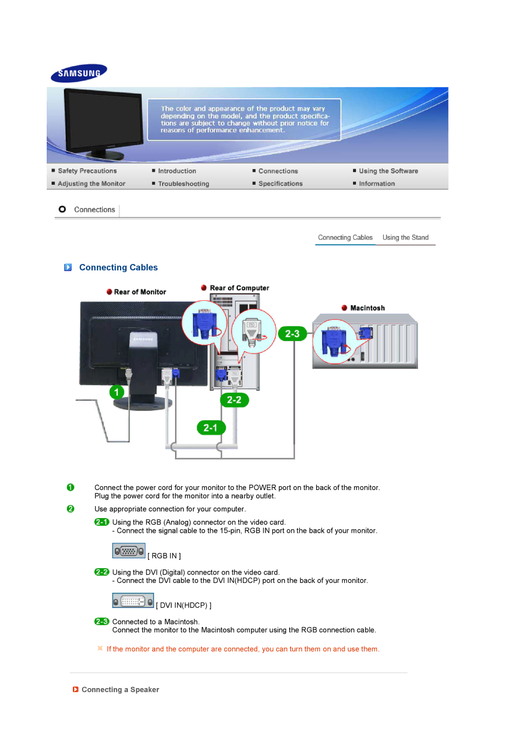 Samsung LS24HUBCBQ/EDC, LS22MYNKSB/EDC, LS22MYNKBB/EDC, LS22MYNKBGEDC, LS22MYNKB/EDC Connecting Cables, Connecting a Speaker 