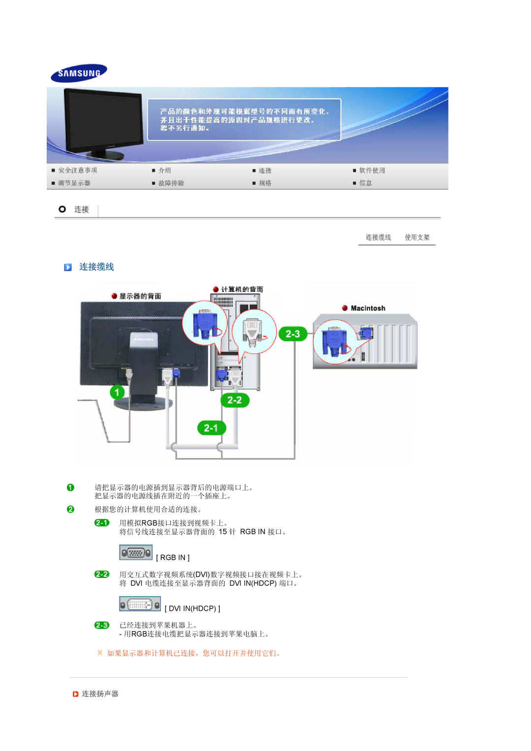 Samsung LS24HUBCBQ/EDC, LS22MYNKSB/EDC, LS22MYNKBB/EDC, LS22MYNKBGEDC, LS22MYNKB/EDC, LS24HUBCBS/EDC, LS22MYNKS/EDC 连接缆线, 连接扬声器 