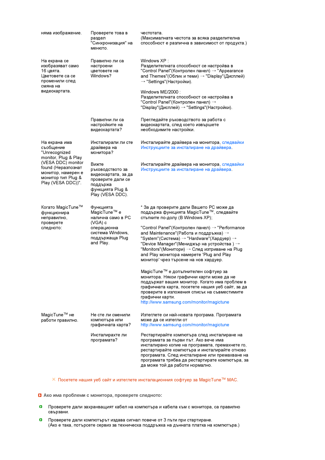 Samsung LS22MYNKSB/EDC manual Инструкциите за инсталиране на драйвера, Ако има проблеми с монитора, проверете следното 