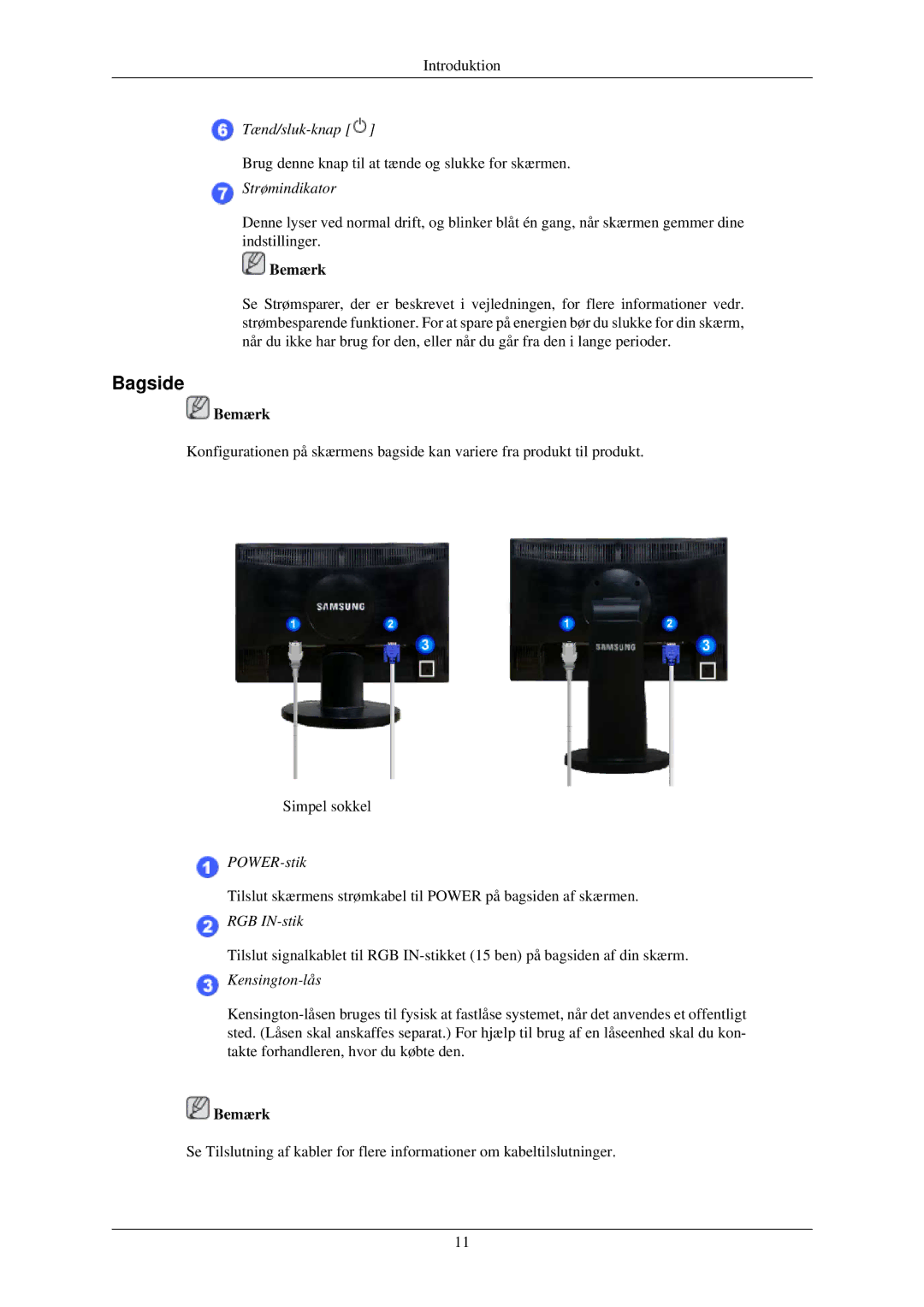 Samsung LS22MYNKSB/EDC, LS22MYNKBB/EDC, LS22MYNKBGEDC, LS22MYNKB/EDC, LS22MYNKBBA/EN manual Bagside, Strømindikator 