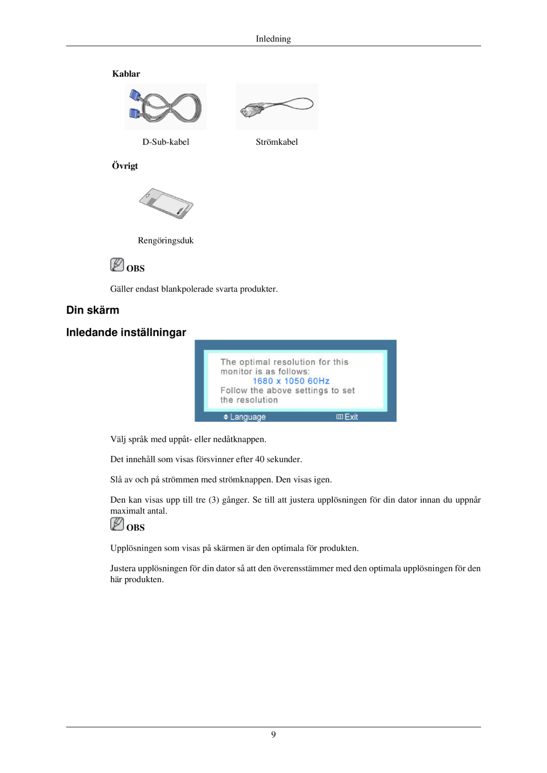 Samsung LS22MYNKB/EDC, LS22MYNKSB/EDC, LS22MYNKBB/EDC, LS22MYNKBGEDC, LS22MYNKBBA/EN manual Din skärm Inledande inställningar 