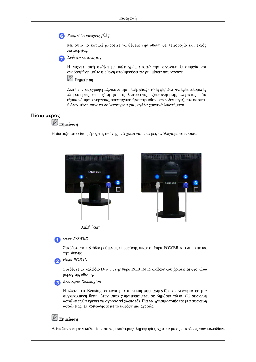 Samsung LS22MYNKBB/EDC, LS22MYNKSB/EDC, LS22MYNKBGEDC, LS22MYNKB/EDC manual Πίσω μέρος, Ένδειξη λειτουργίας 