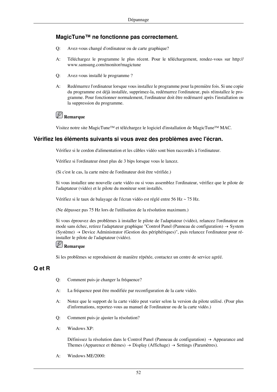 Samsung LS22MYNKSB/EDC, LS22MYNKF/EDC, LS22MYNKBB/EDC, LS22MYNKBGEDC manual MagicTune ne fonctionne pas correctement, Et R 