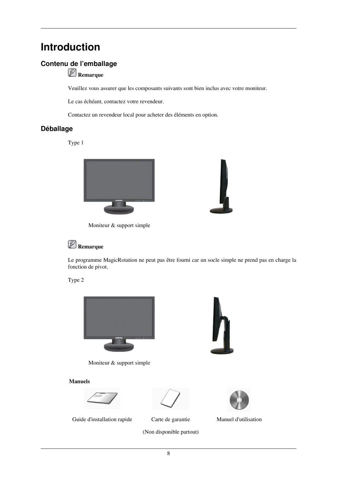 Samsung LS22MYNKBB/EDC, LS22MYNKSB/EDC, LS22MYNKF/EDC, LS22MYNKBGEDC manual Introduction, Contenu de l’emballage, Déballage 