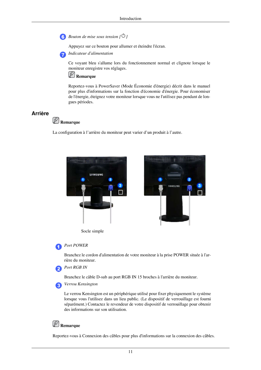 Samsung LS22MYNKS/EDC, LS22MYNKSB/EDC, LS22MYNKF/EDC, LS22MYNKBB/EDC, LS22MYNKBGEDC manual Arrière, Indicateur dalimentation 