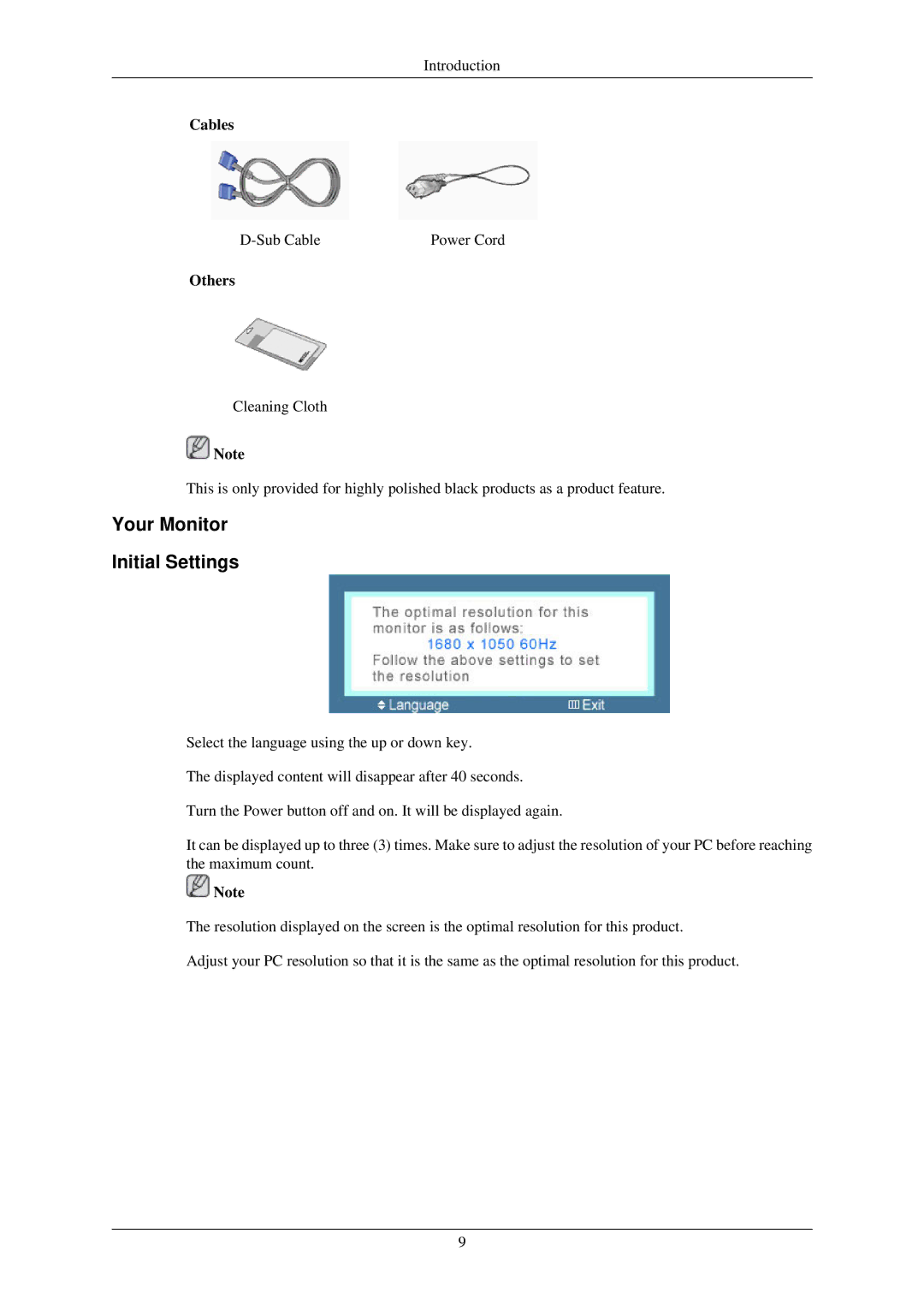 Samsung LS22MYNKSGEDC, LS22MYNKSB/EDC, LS22MYNKF/EDC, LS22MYNKBB/EDC manual Your Monitor Initial Settings, Cables, Others 