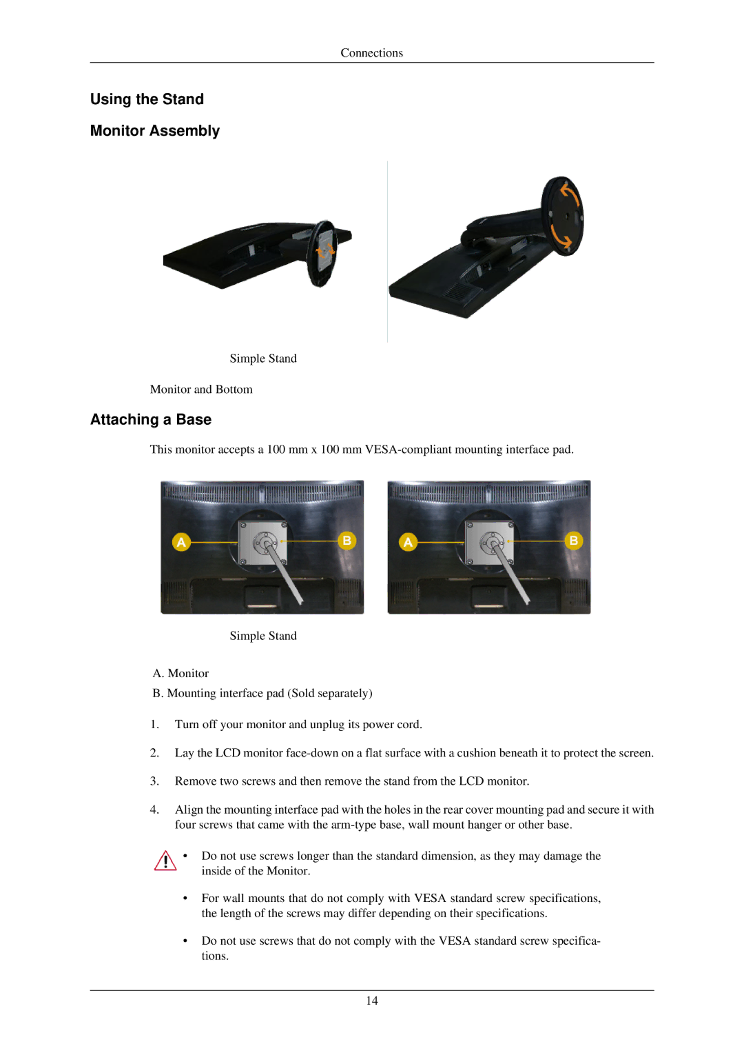 Samsung LS22MYNKB/EDC, LS22MYNKSB/EDC, LS22MYNKF/EDC, LS22MYNKBB/EDC manual Using the Stand Monitor Assembly, Attaching a Base 