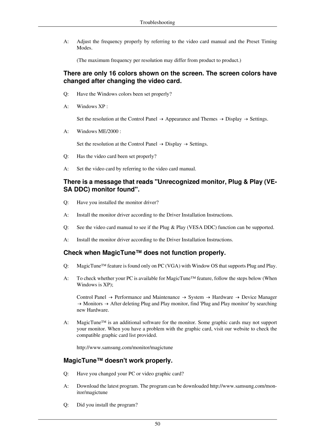 Samsung LS22MYNKF/XSV, LS22MYNKSB/EDC manual Check when MagicTune does not function properly, MagicTune doesnt work properly 