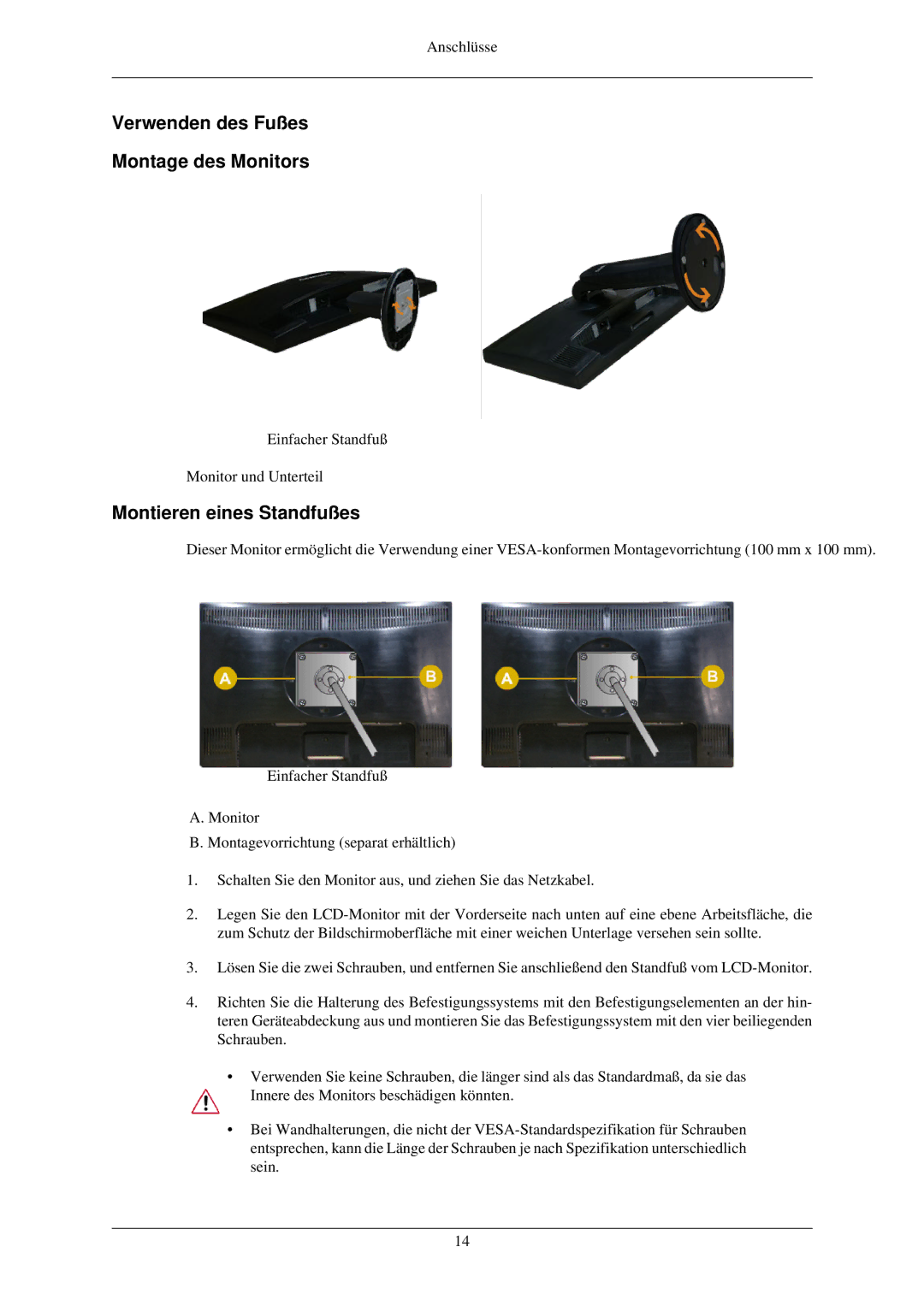 Samsung LS22MYNKBB/EDC, LS22MYNKSB/EDC, LS22MYNKF/EDC Verwenden des Fußes Montage des Monitors, Montieren eines Standfußes 