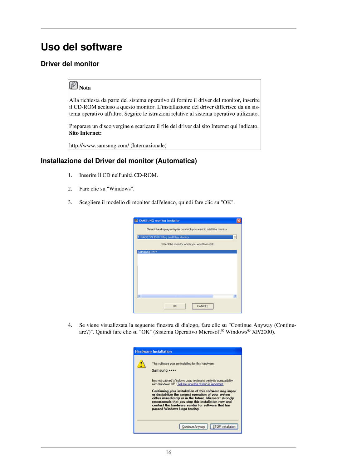 Samsung LS22MYNKBGEDC, LS22MYNKSB/EDC Uso del software, Installazione del Driver del monitor Automatica, Sito Internet 