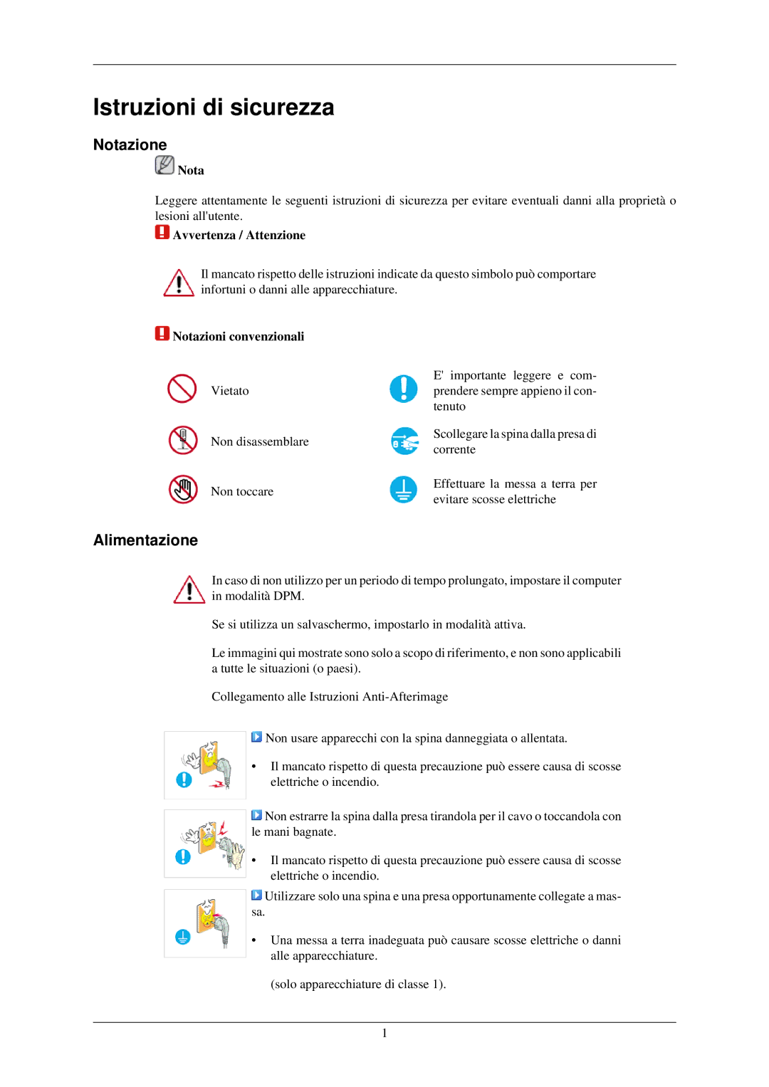 Samsung LS22MYNKBB/EDC, LS22MYNKSB/EDC, LS22MYNKF/EDC, LS22MYNKBGEDC manual Istruzioni di sicurezza, Notazione, Alimentazione 