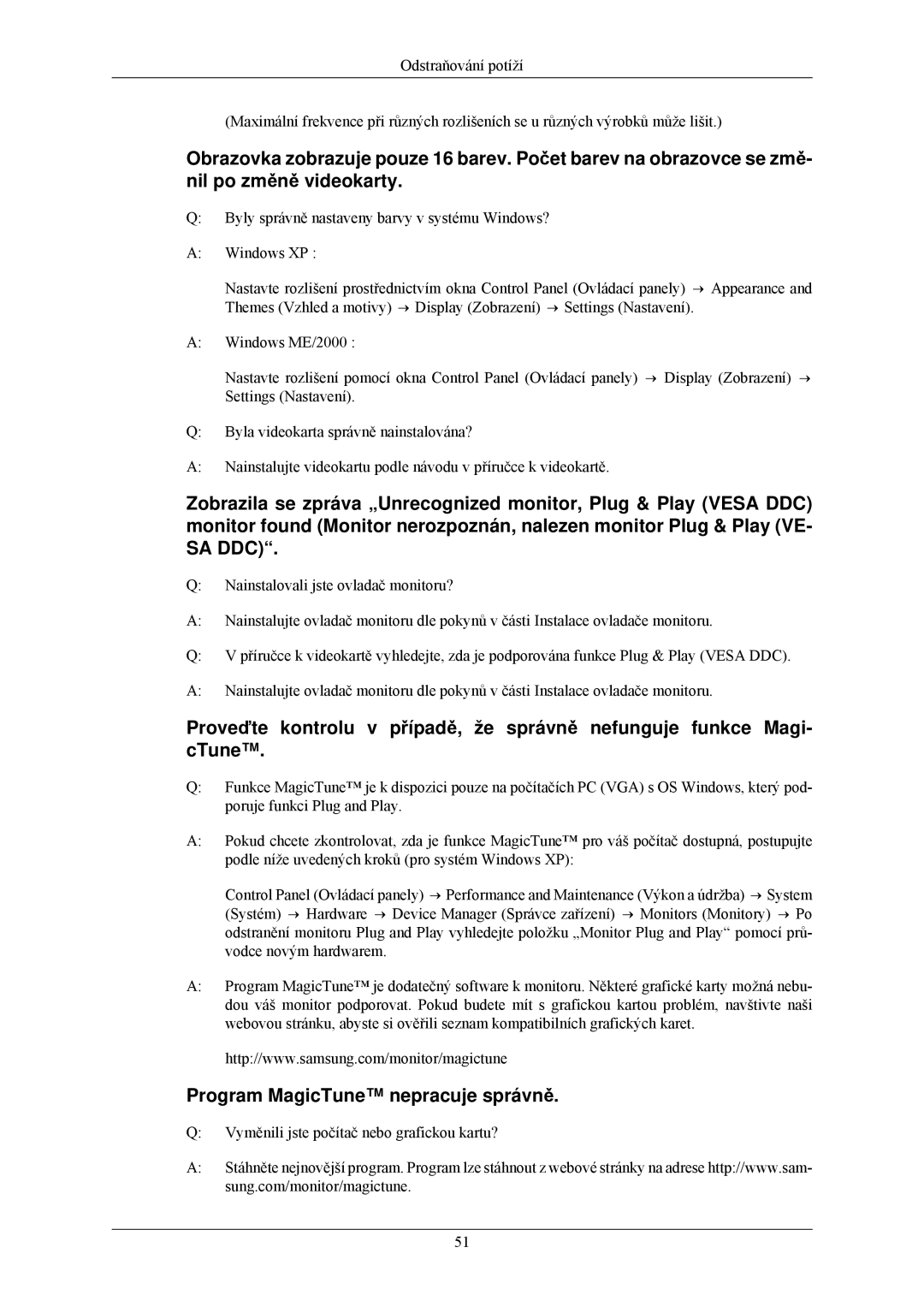 Samsung LS22MYNKB/EDC, LS22MYNKSB/EDC, LS22MYNKF/EDC, LS22MYNKBB/EDC, LS22MYNKBGEDC manual Program MagicTune nepracuje správně 