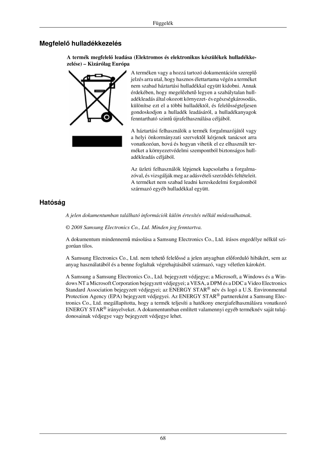 Samsung LS22MYNKS/EDC, LS22MYNKSB/EDC, LS22MYNKF/EDC, LS22MYNKBB/EDC, LS22MYNKBGEDC manual Megfelelő hulladékkezelés, Hatóság 