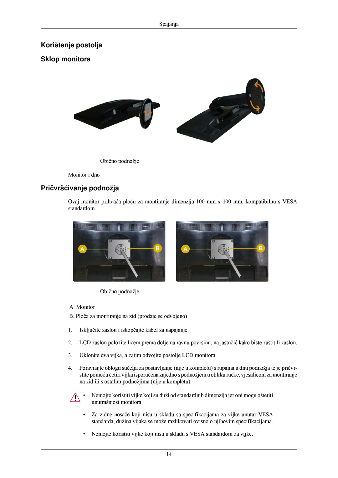 Samsung LS22MYNKF/EDC, LS22MYNKSB/EDC, LS22MYNKBB/EDC manual Korištenje postolja Sklop monitora, Pričvršćivanje podnožja 