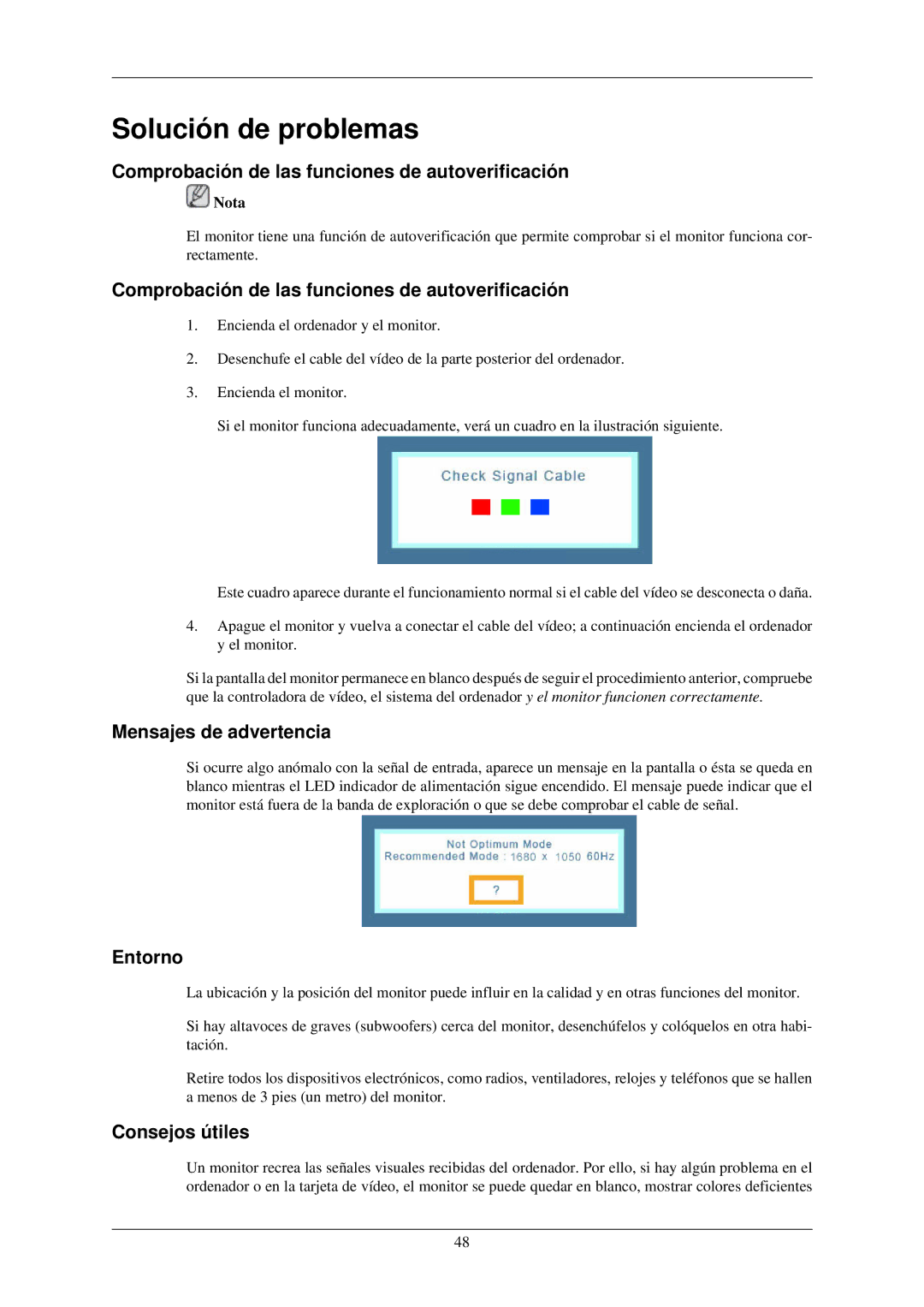 Samsung LS22MYNKF/EDC Solución de problemas, Comprobación de las funciones de autoverificación, Mensajes de advertencia 