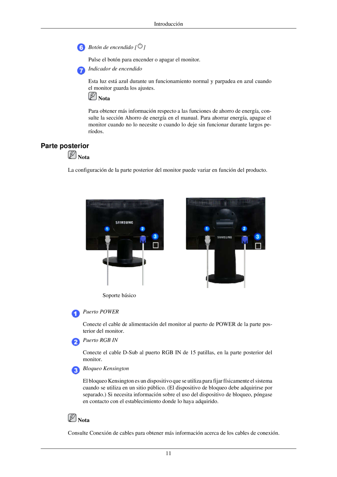 Samsung LS22MYNKBB/EDC, LS22MYNKSB/EDC, LS22MYNKF/EDC manual Parte posterior, Indicador de encendido 