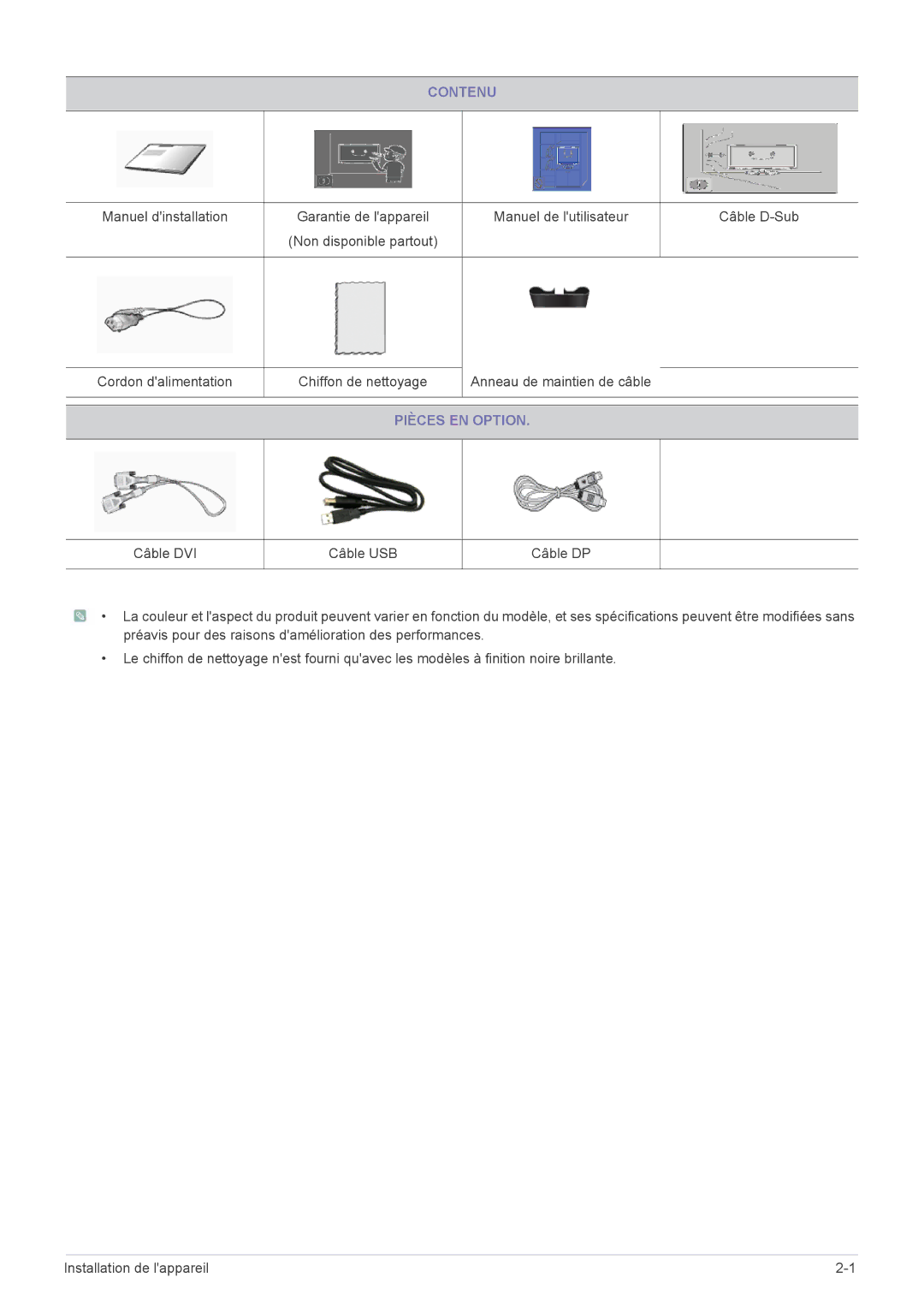 Samsung LS22MYPEBV/EN manual Contenu, Pièces EN Option 