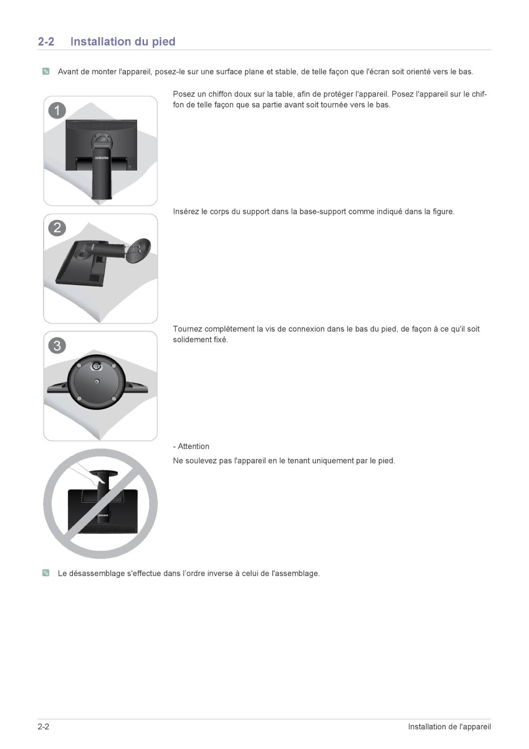 Samsung LS22MYPEBV/EN manual Installation du pied 