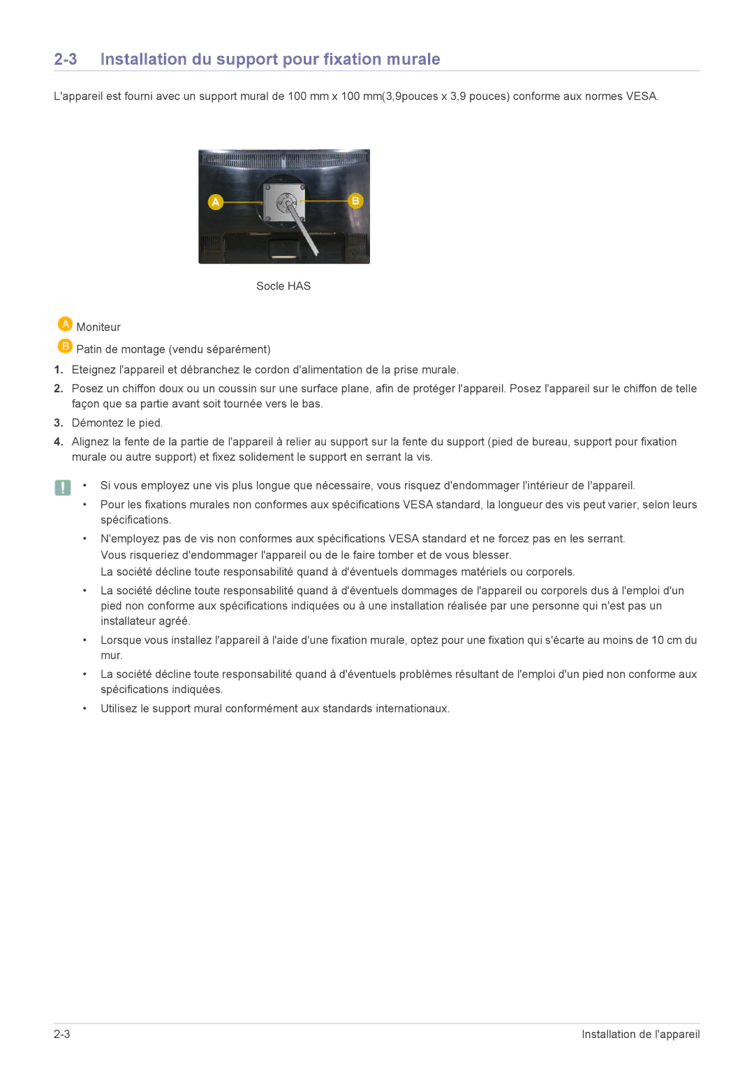 Samsung LS22MYPEBV/EN manual Installation du support pour fixation murale 