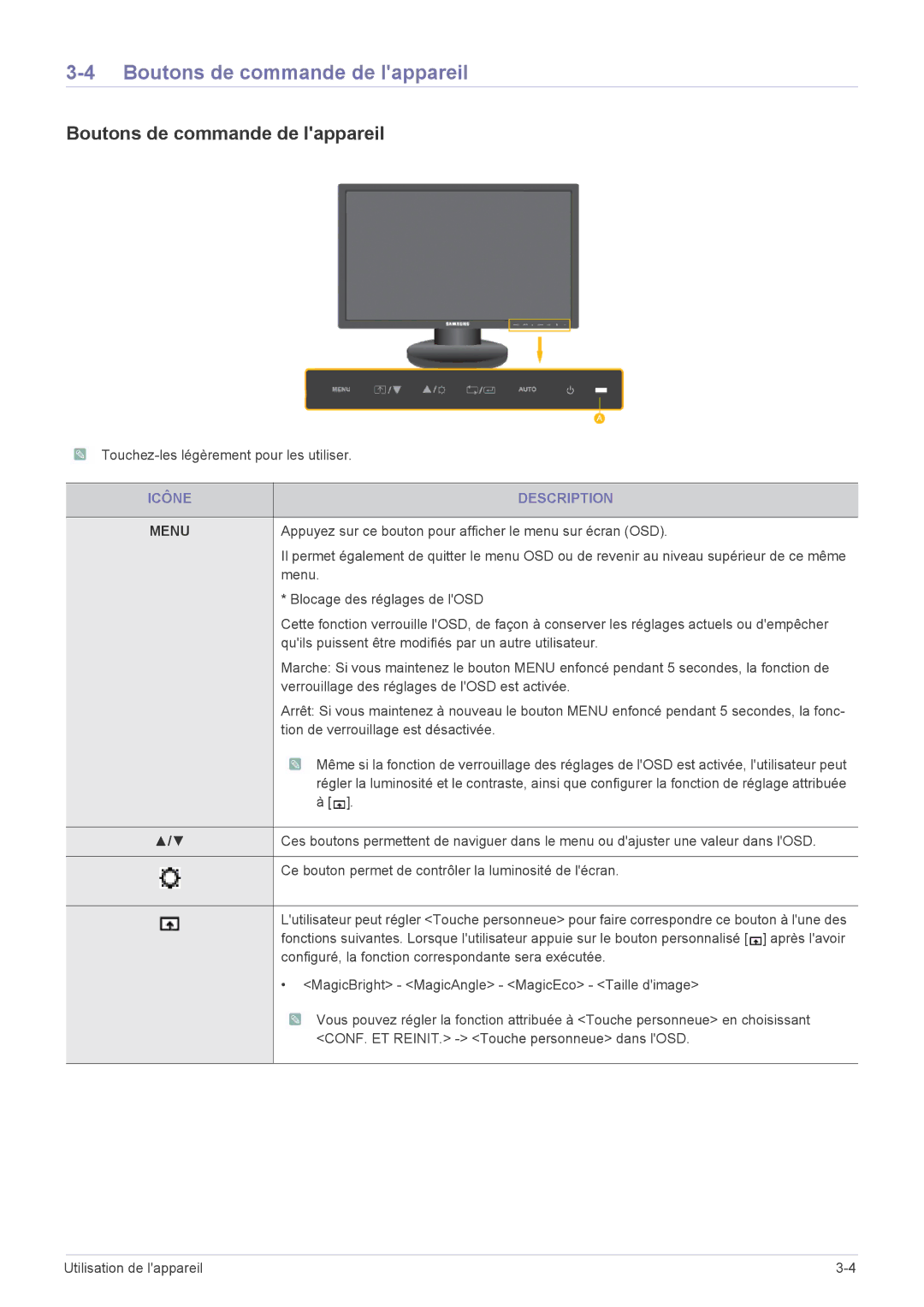 Samsung LS22MYPEBV/EN manual Boutons de commande de lappareil, Icône Description 