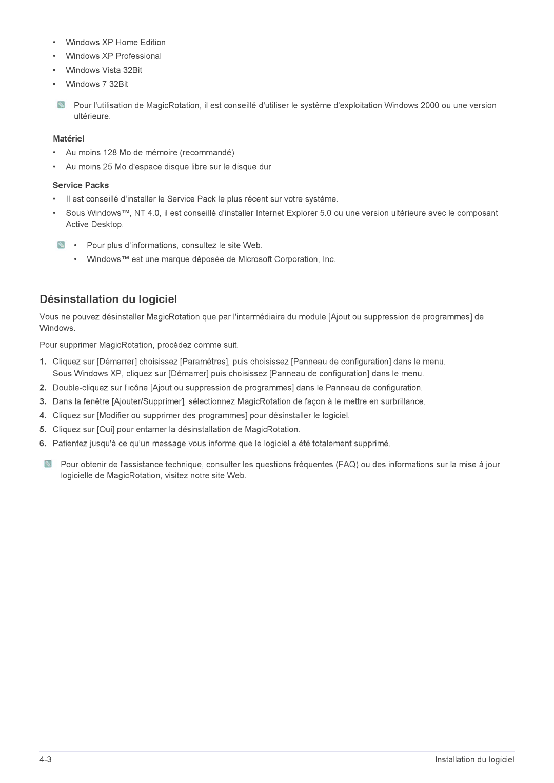 Samsung LS22MYPEBV/EN manual Matériel, Service Packs 